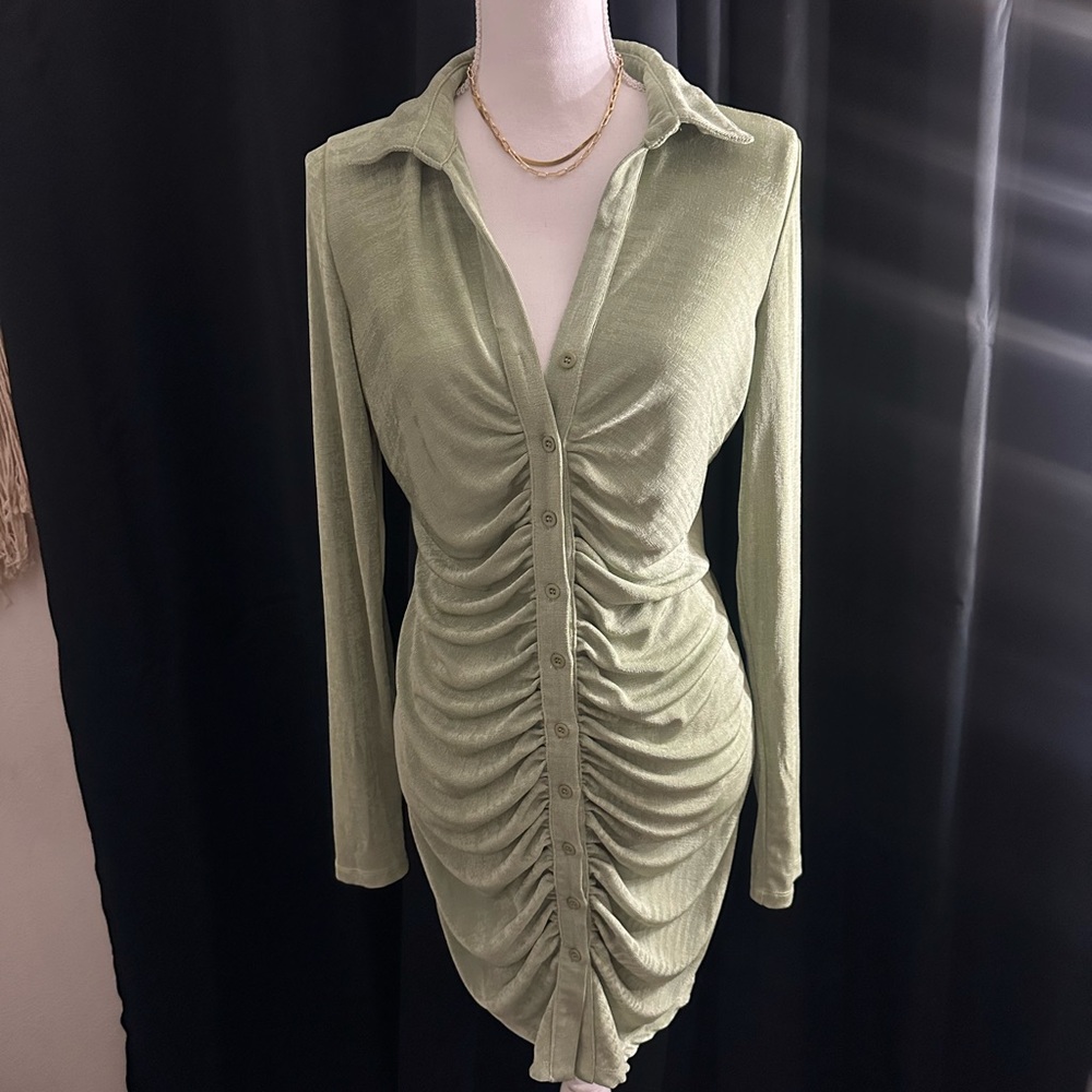 Green Ruched Button-Up Dress
